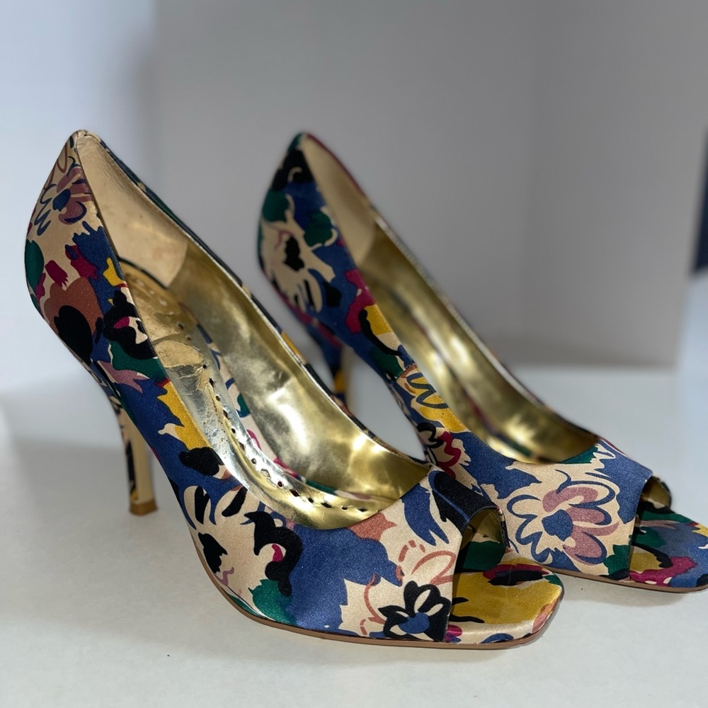 Satin Floral Peep-Toe Heels